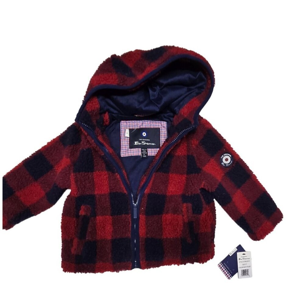 Ben Sherman Kids Hooded Plaid Sherpa‎ Jacket With Zipper Red & Black Size 2T